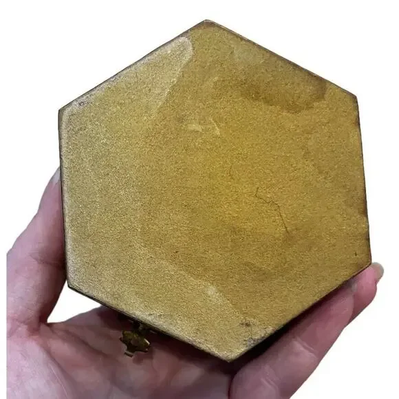 VTG Octagonal Lidded Trinket Jewelry Keepsake Box Red Inside Marquetry Inlaid - Picture 5 of 8